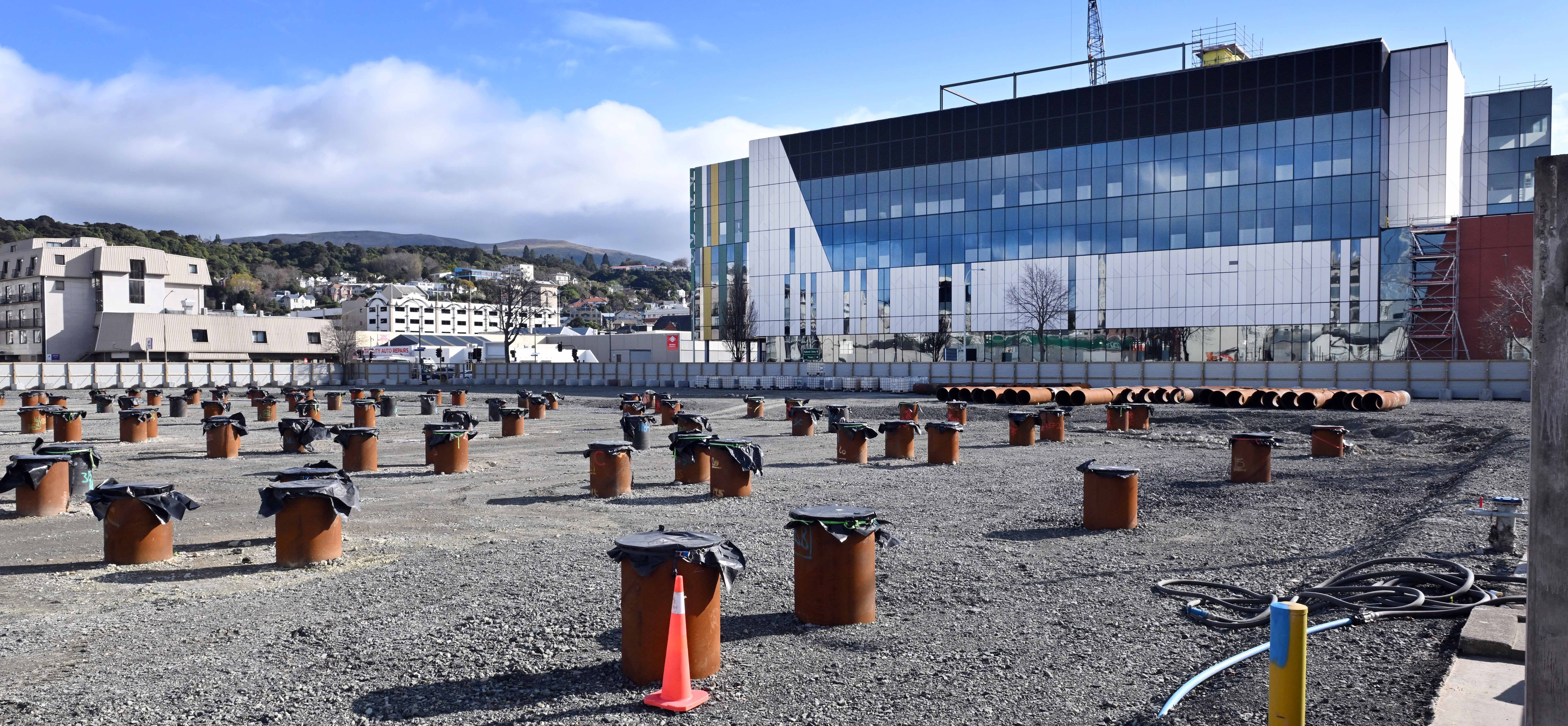 Piles driven on the site of the new Dunedin hospital inpatients building. The hospital's new...