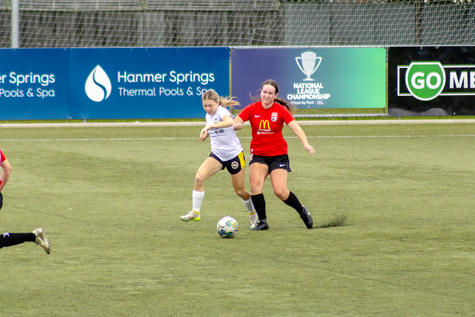 The Pride’s Petra Buyck clashes with Eastern Suburbs’ Zoe Brazier during Suburbs 3-1 win. PHOTO:...