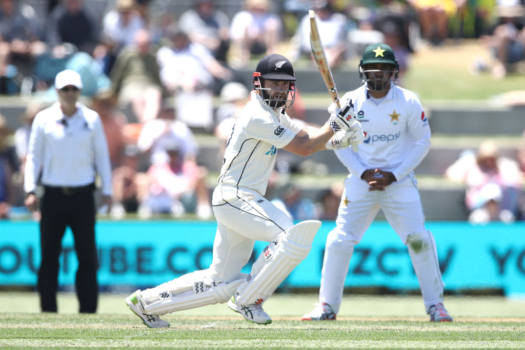 Kane Williamson of New Zealand bats during day one of the first test match in the series between...