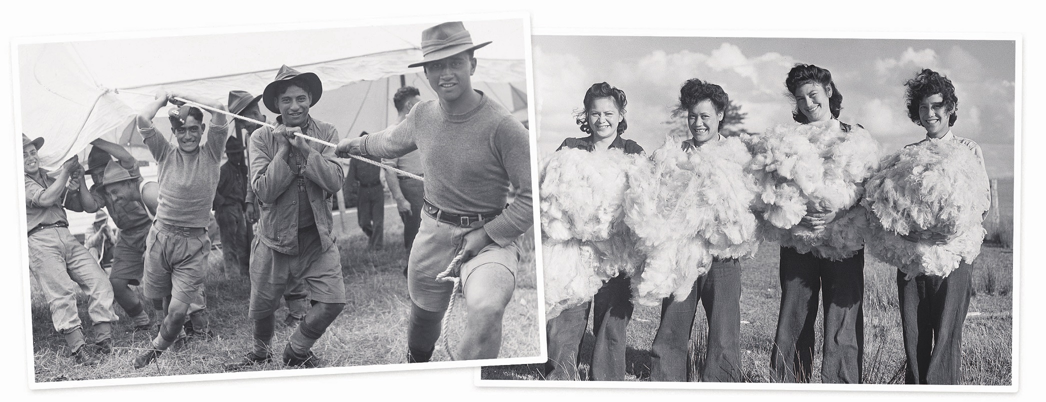 Māori soldiers erect a marquee at a military training camp (left) and Māori women hold fleeces on...