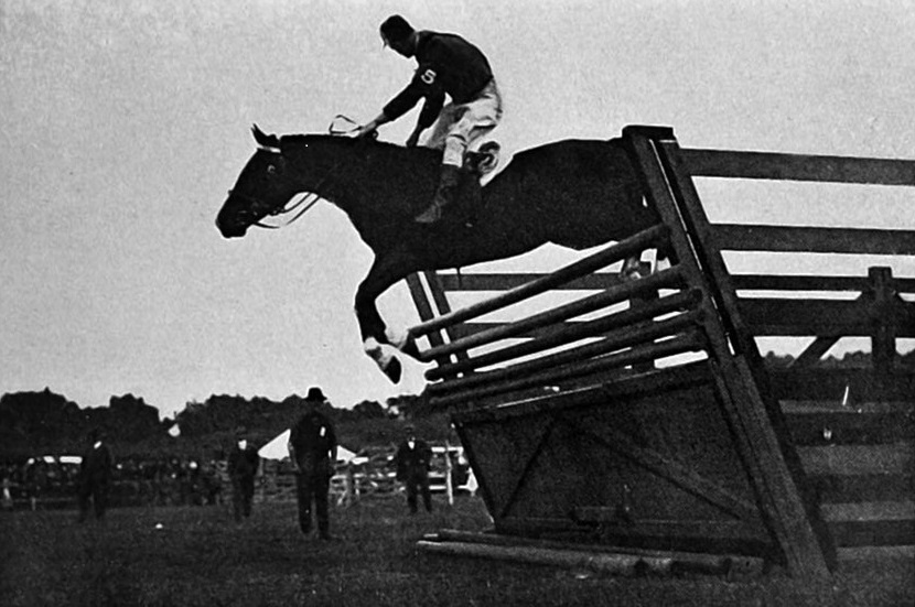 Mr G. Roberts' horse Puzzle, ridden by A.M. Coutts, wins the high jump at the Otago A and P show...