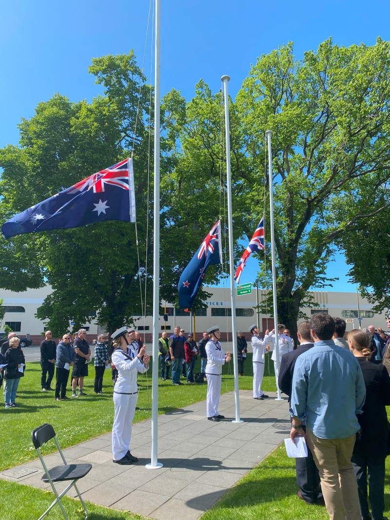 The flags of New Zealand, Australia and the United Kingdom were lowered to half mast during the...