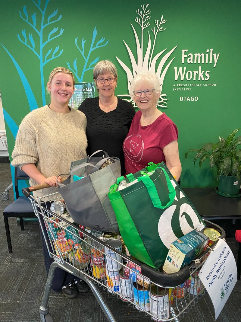 Dunedin woman Pam Whipp (right) hands over the food and grocery items collected during her recent...