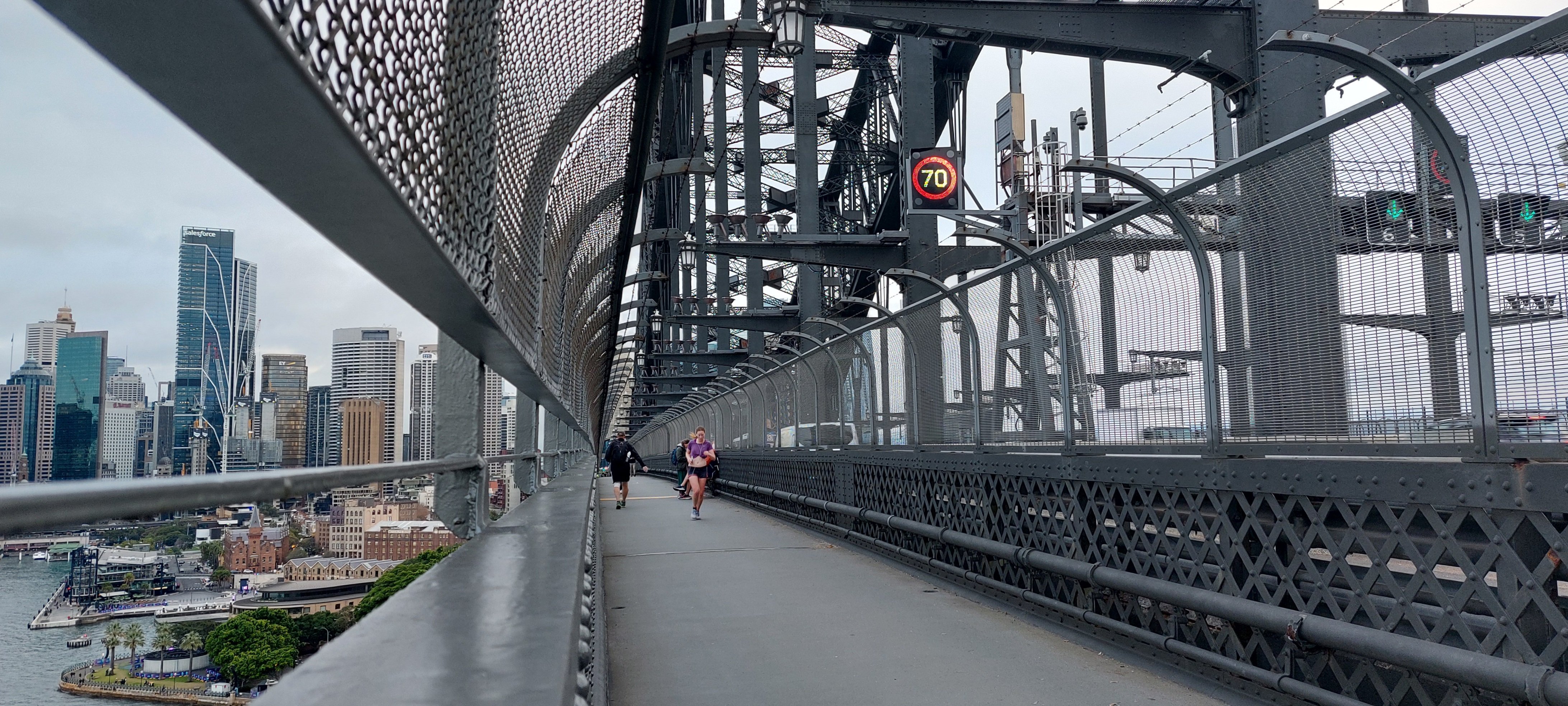 Traffic makes the bridge shake underfoot and overhead.