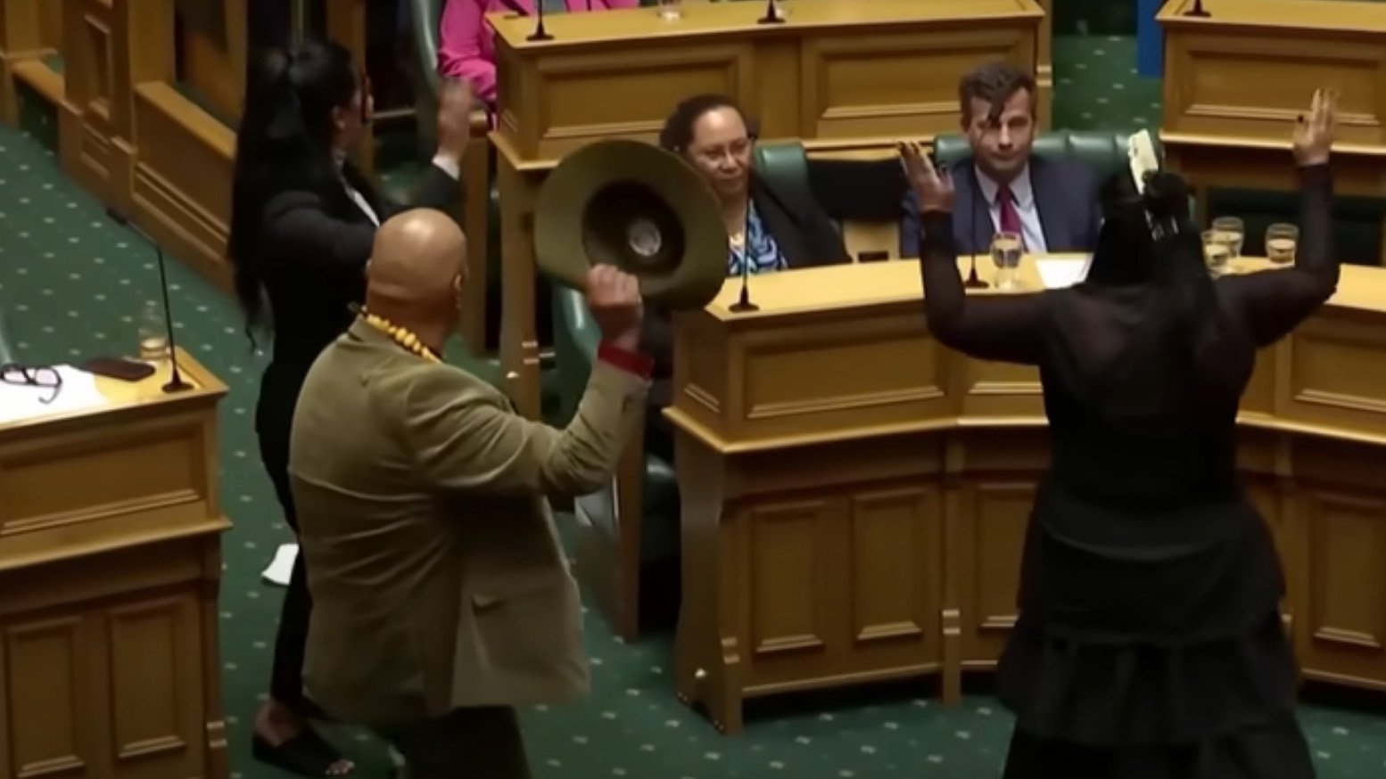 Te Pāti Māori MPs’ haka to David Seymour in Parliament’s debating chamber. PHOTO: RNZ