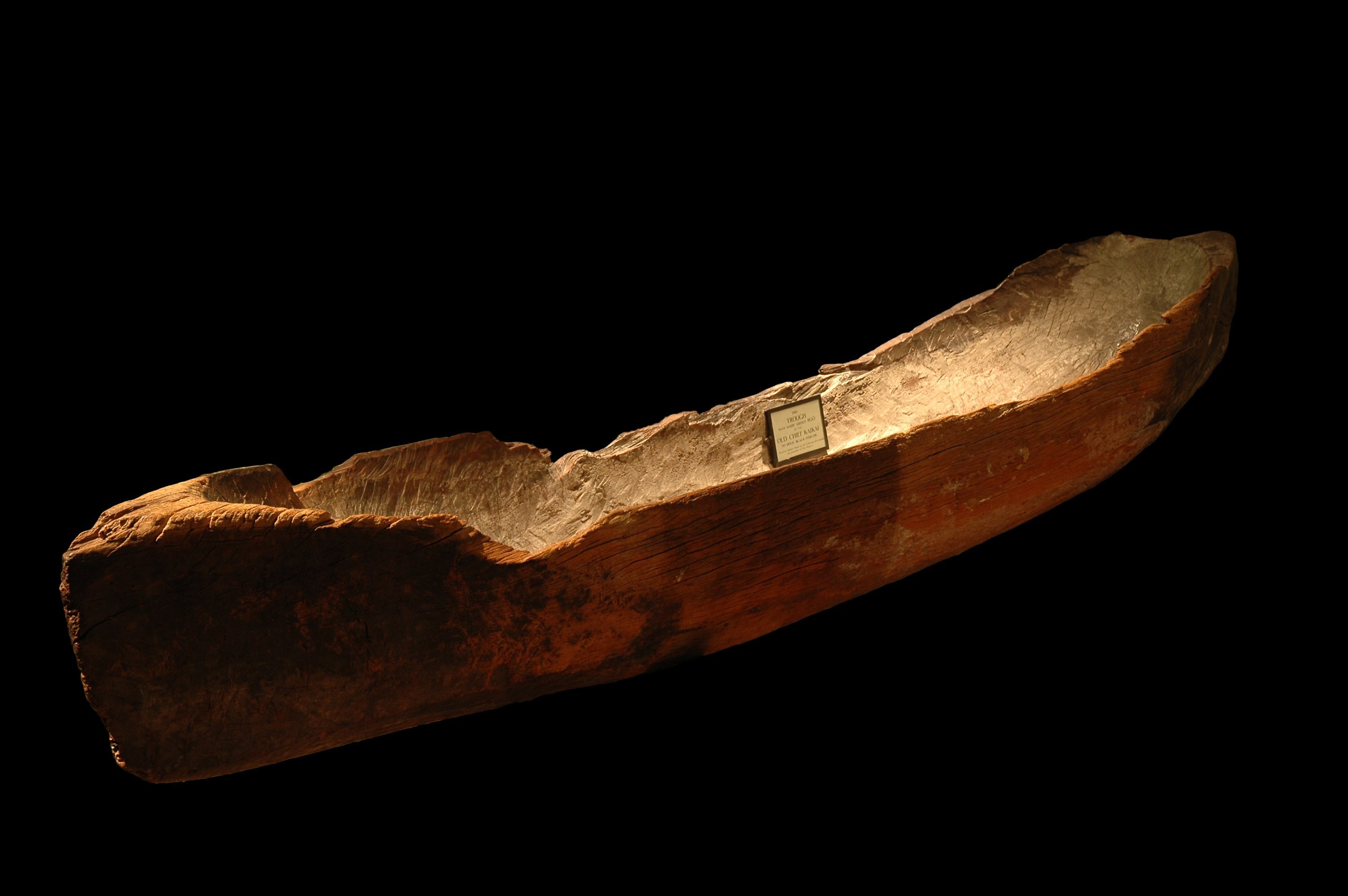 The old label on the ‘‘trough’’, now thought to be a waka, in Tūhura Otago Museum’s Tangata...