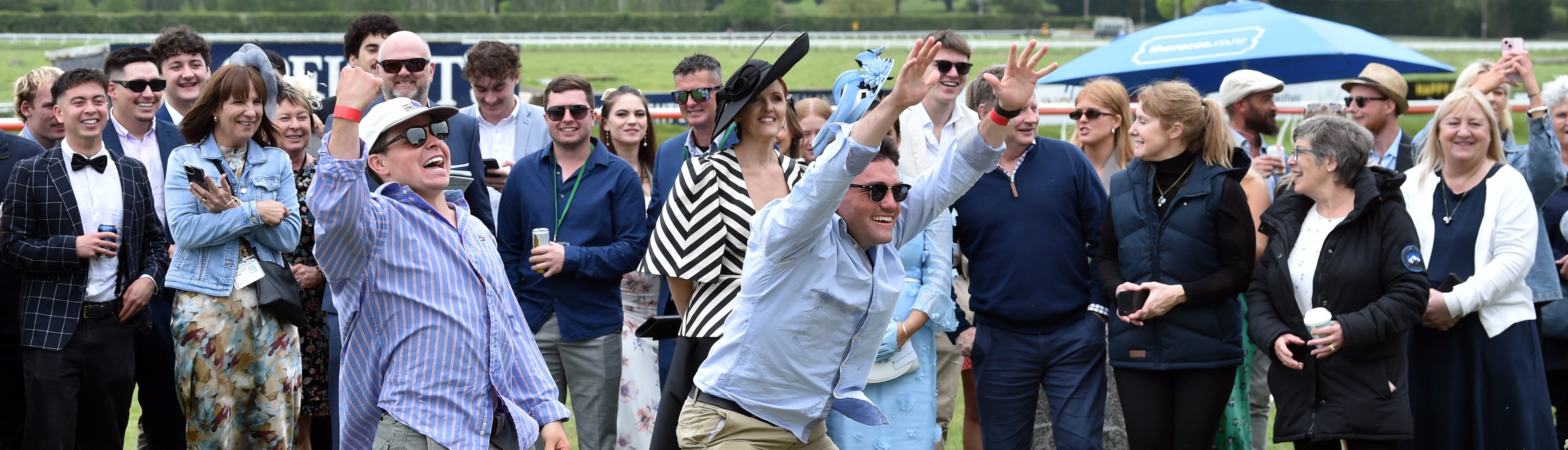 Trey Russell, left and Finn McDonald-Page in the mood at the 2024 Melbourne Cup Wingatui Races at...