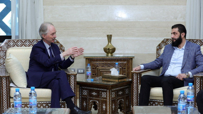 What next? United Nations Syria envoy Geir Pedersen (left) meets Syria's de facto leader, Ahmed...