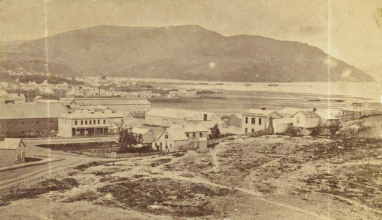 A view from Bell Hill down over lower Stuart St towards Signal Hill, 1867-68. Photo: Henry Albert...