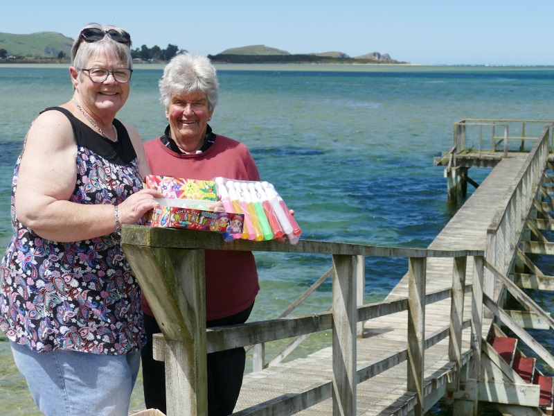 Pounawea Picnic Group members Linda Mason (left) and Annette Moore inspect a fresh box of...