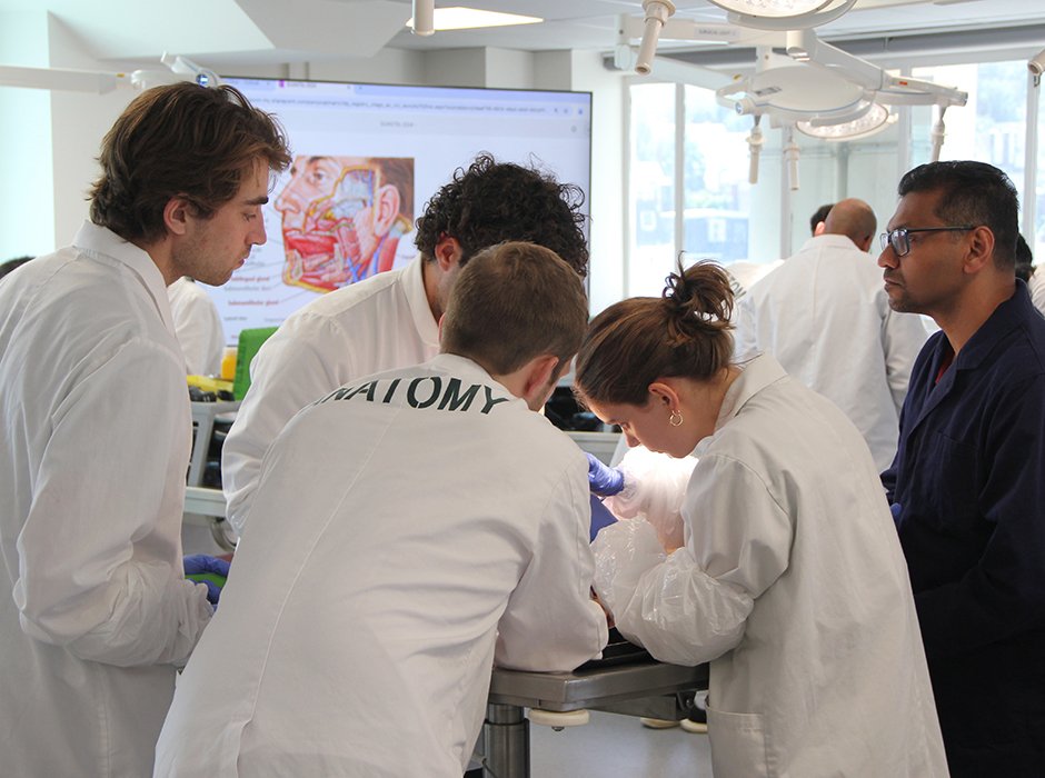 Working on a cadaver are (from left) Felix Humphries, Seamus Leahy, Hector Law, Lucy Bellerby and...