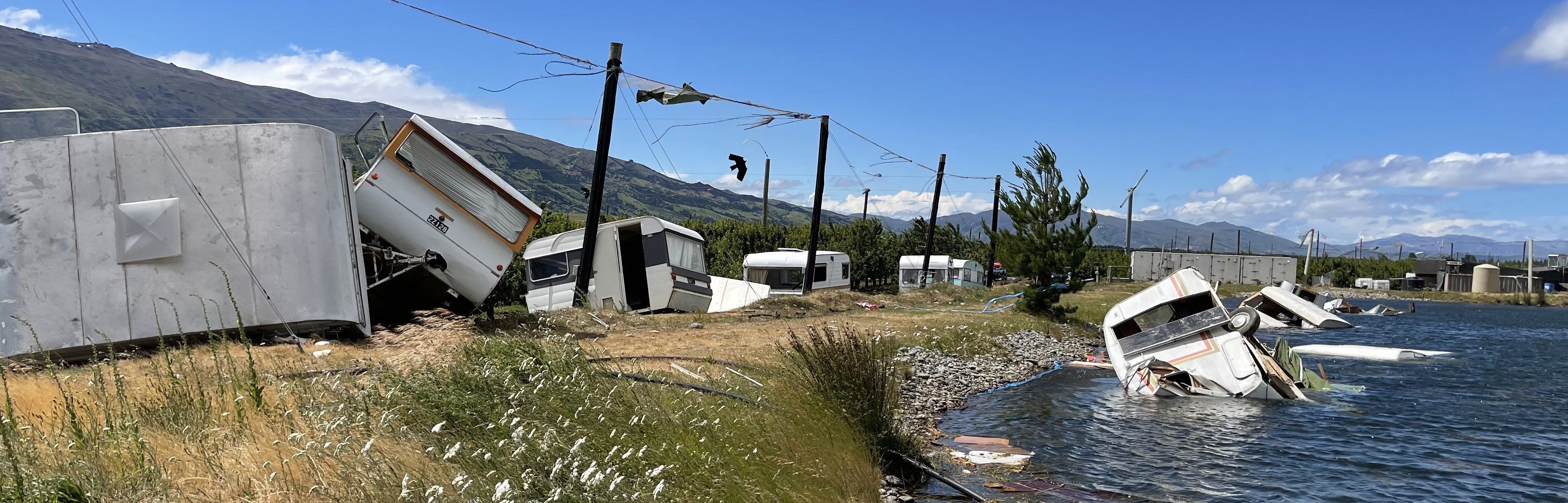 Caravans overturned and destroyed by the strong winds near Mount Pisa, upper Clutha valley, on...