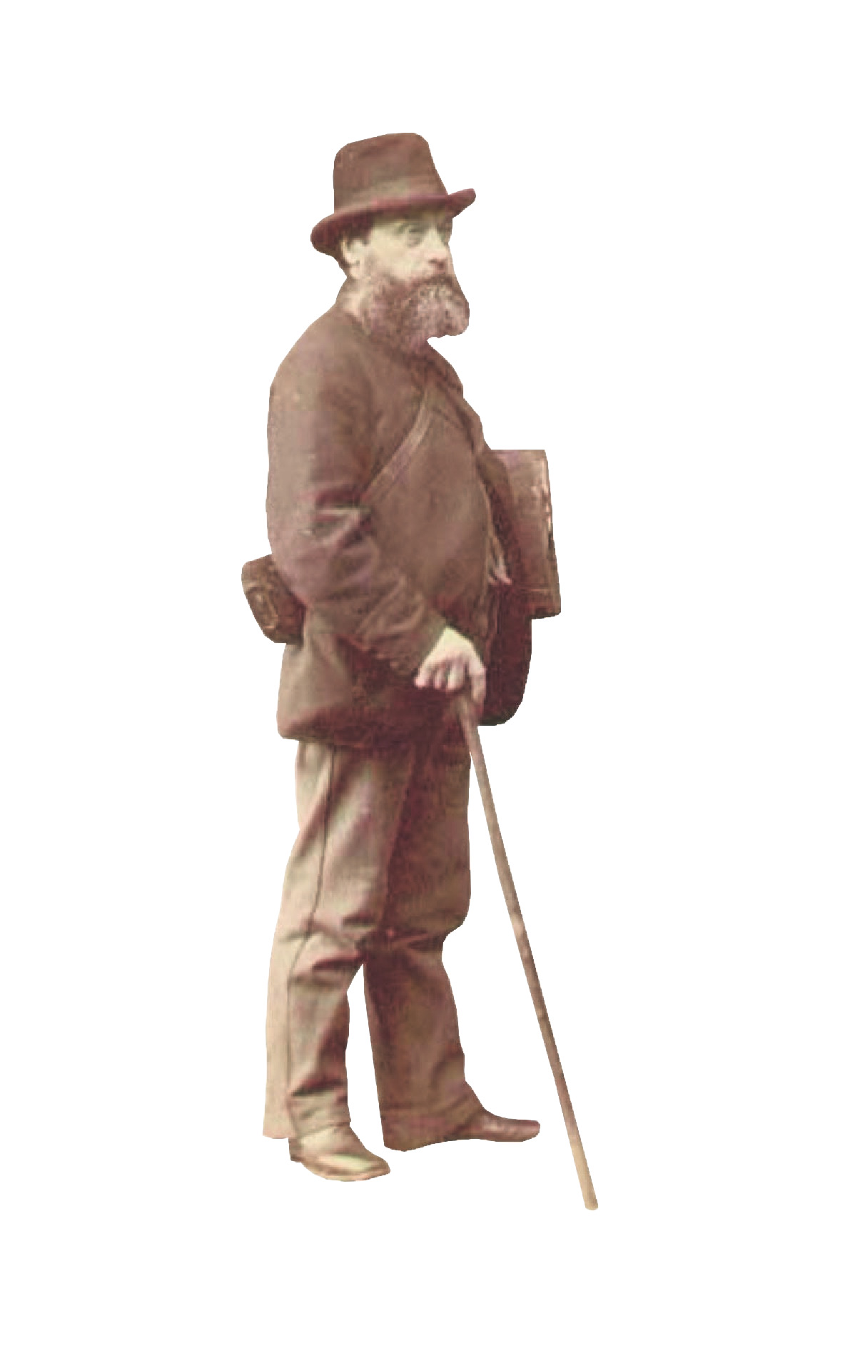 Peter Thomson dressed in his walking attire; a plant press under his arm, a vasculum for delicate...