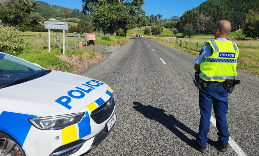 An officer stands at the roadblock on 390 Road in Waiau, Coromandel, this afternoon. Photo: Chris...