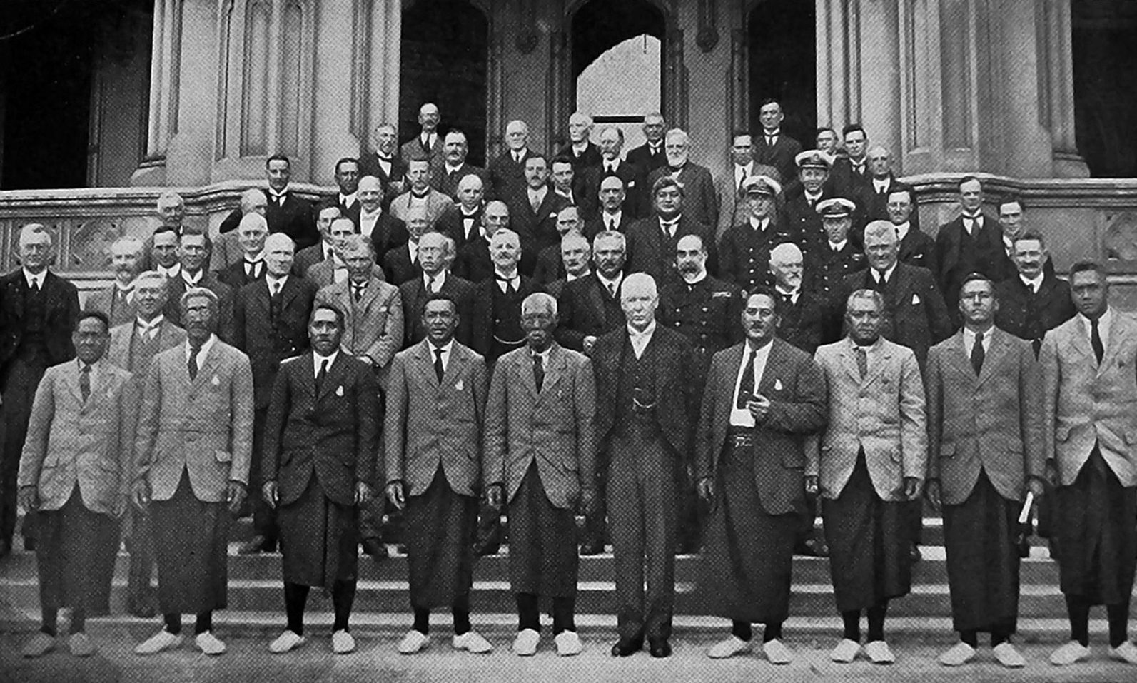 Samoan faipule (legislators) pose with their New Zealand counterparts at Parliament House in...