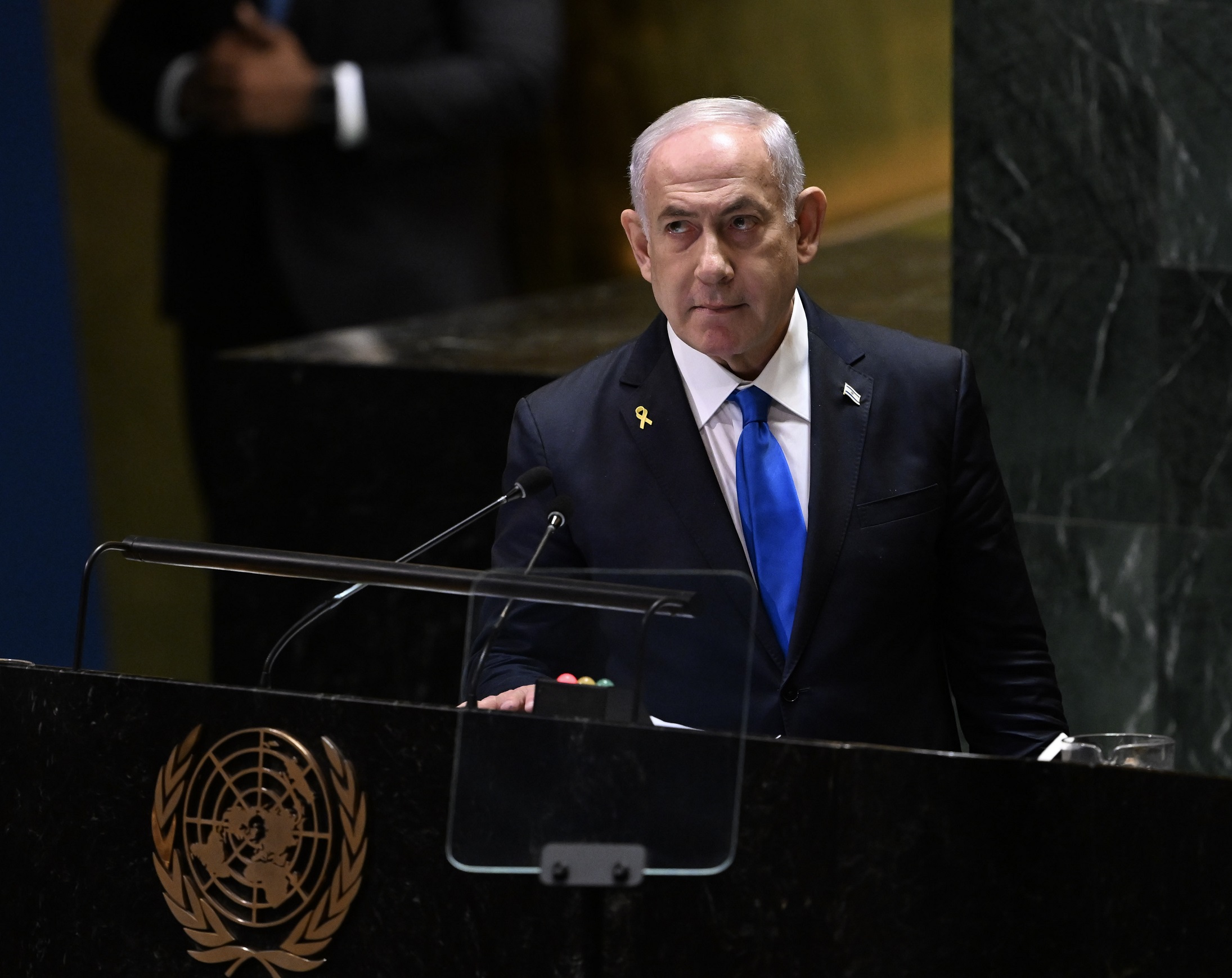 Israel Prime Minister Benjamin Netanyahu addresses the 79th United Nations General Assembly at UN...