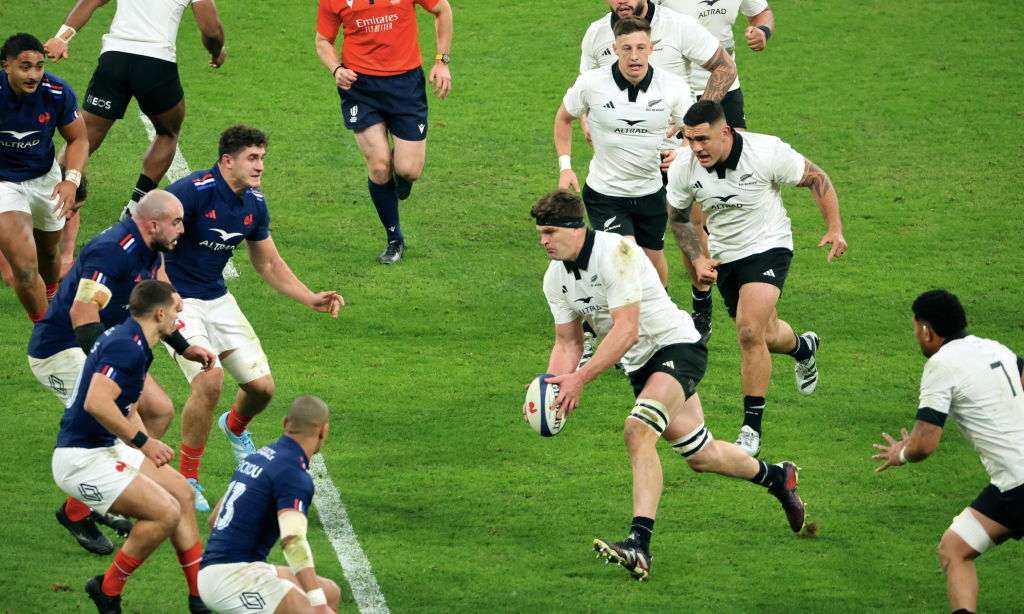 All Blacks captain Scott Barrett looks to get through Les Bleus last month. Photo: Getty Images 
