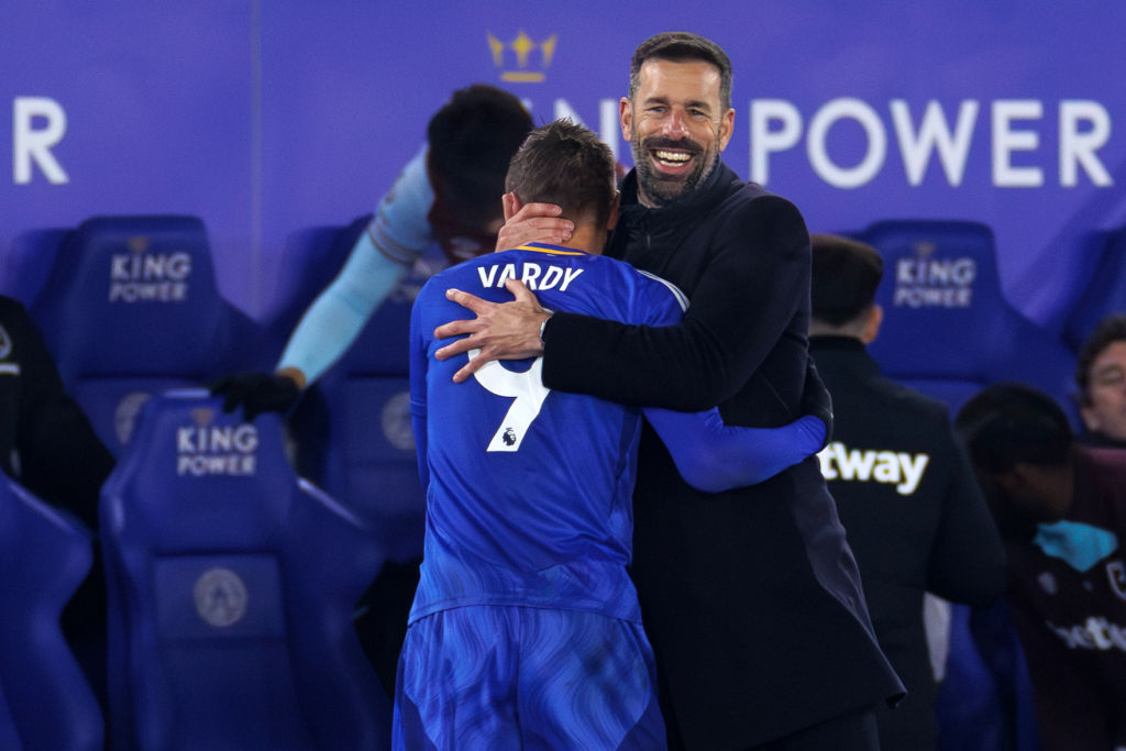 New Leicester City manager Ruud van Nistelrooy celebrates with striker Jamie Vardy during his...