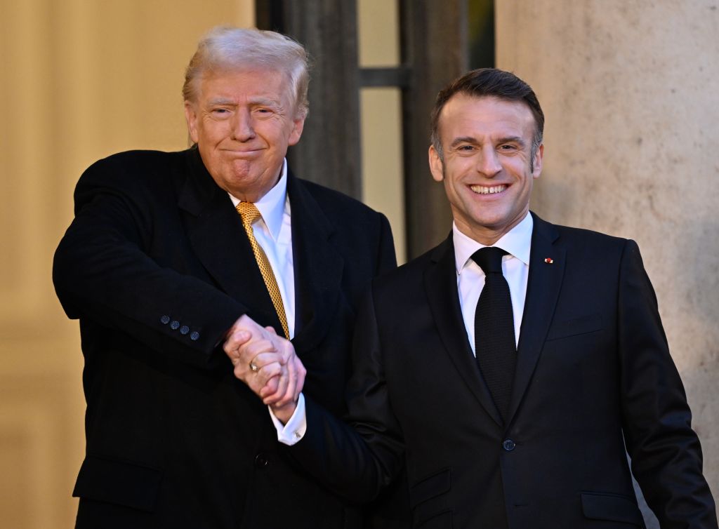 US President-elect Donald Trump (left) and Ukraine President Volodymr Zelenskiy shake hands...