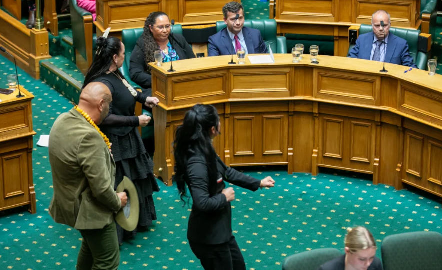 Te Pāti Māori MPs Debbie Ngarewa-Packer, Rawiri Waititi and Hana-Rāwhiti Maipi-Clarke performing...