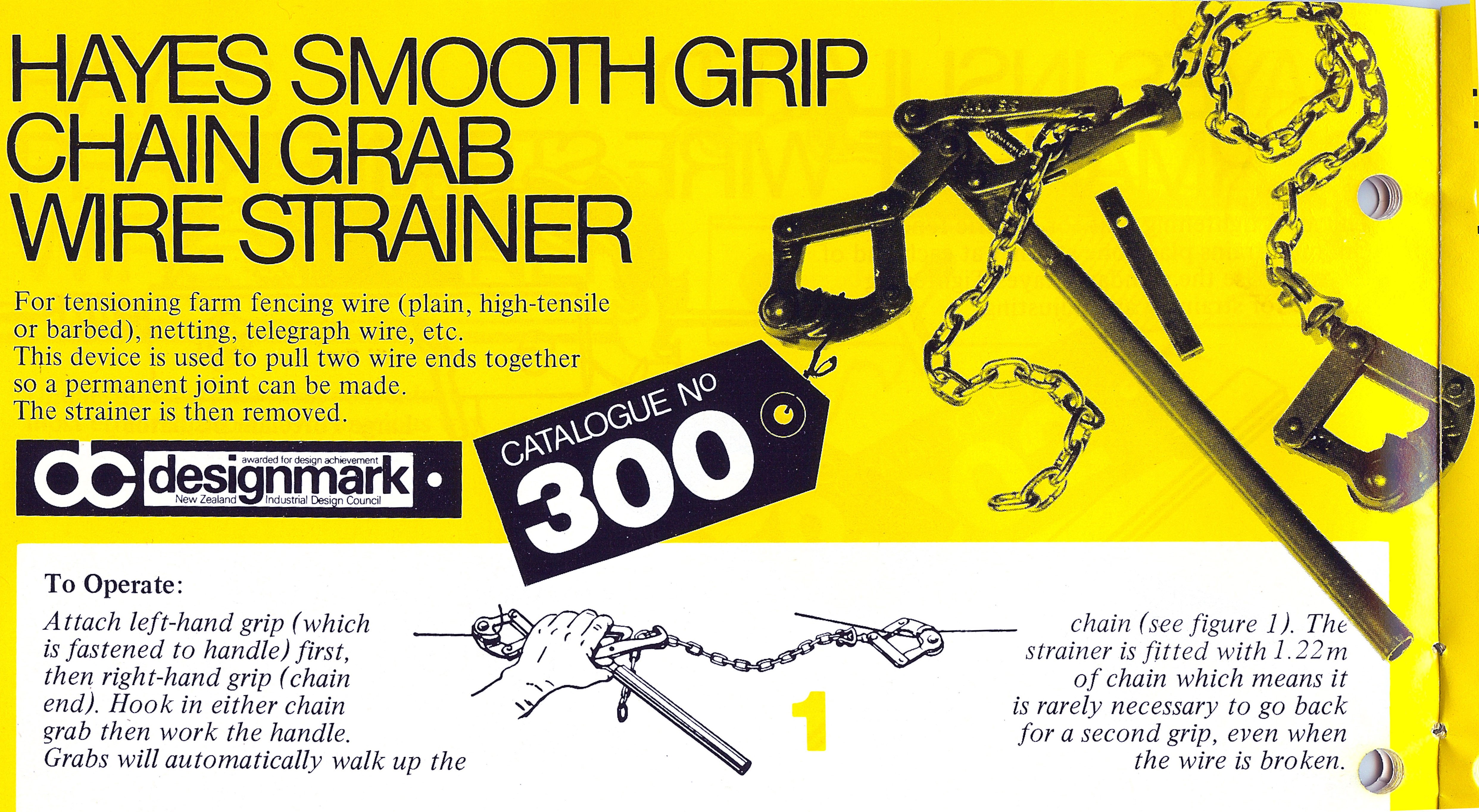 An advertisement for the Hayes smooth grip chain grab wire strainer showing its Designmark...