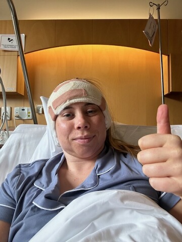 Renee Veal recovering at St George’s Hospital. She had a total jaw reconstruction and jaw joint...