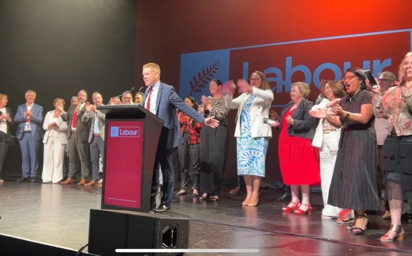 Labour leader Chris Hipkins speaking during his closing address at the Labour Party Annual...