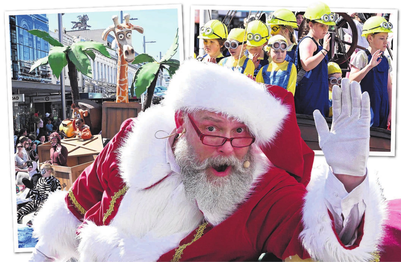 Santa Claus gives a festive wave, backed by some of the 80 floats that travelled down George St...