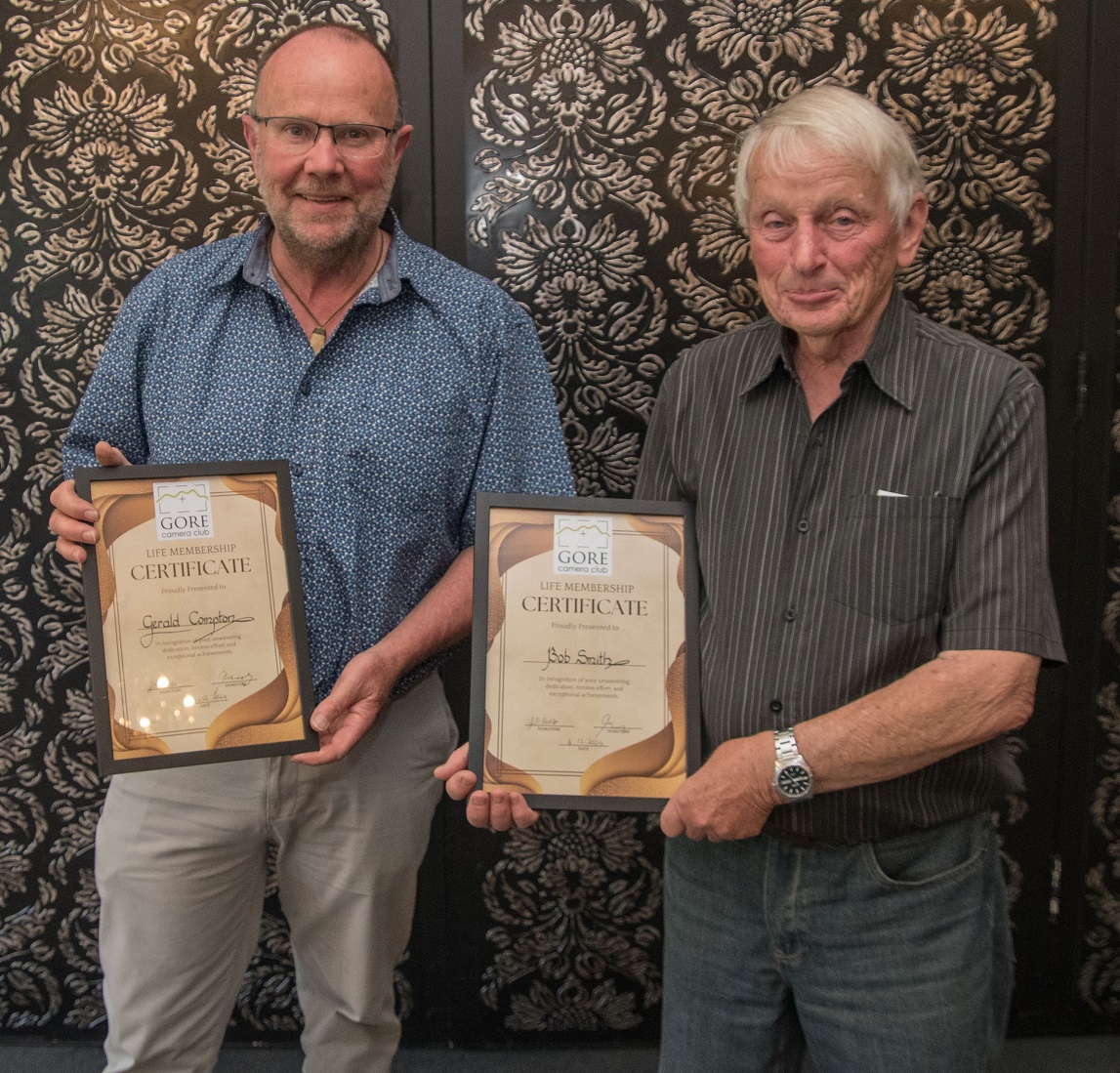 After being made life members of the Gore Camera Club are Gerald Compton (left) and Bob Smith...