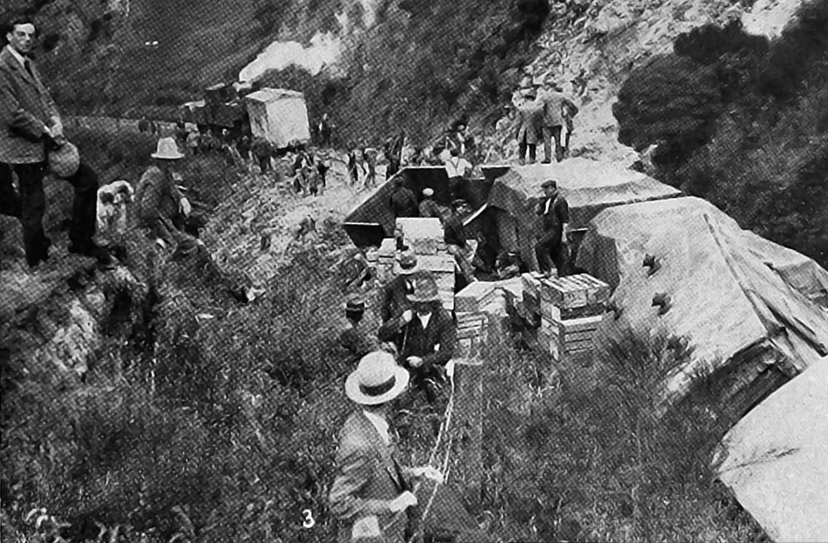 A train hit by a landslip at Ngaio, on the then main line north of Wellington (now the...