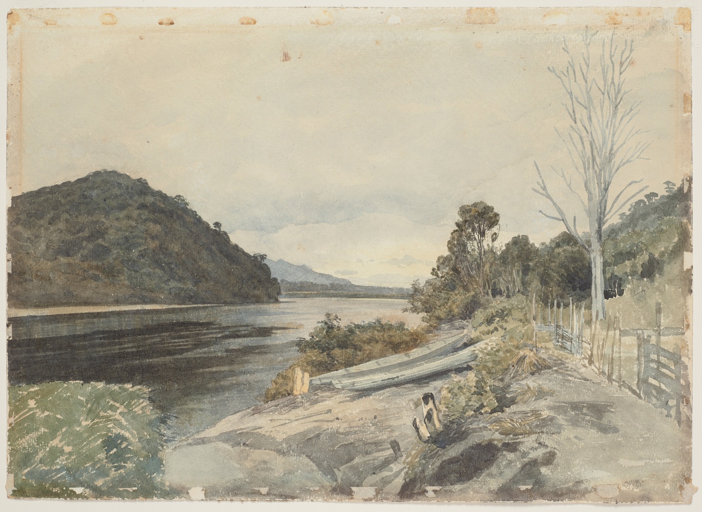 An 1862 watercolour, by James Crowe Richmond, of two waka pulled up on the riverbank in front of...