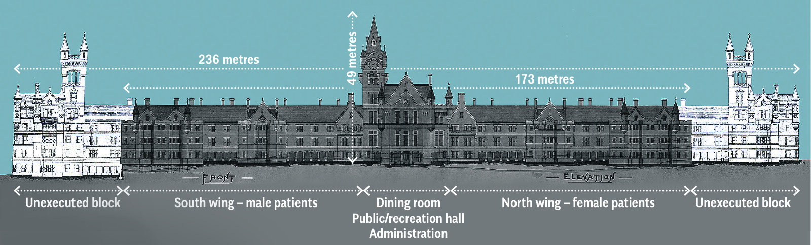 Front elevation of the main building at Seacliff, as built (greyed-out), with additional unbuilt...