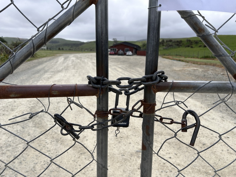 Closed gates at the Mainland Poultry egg farm site at Hillgrove, near Moeraki. Photo: Gregor...