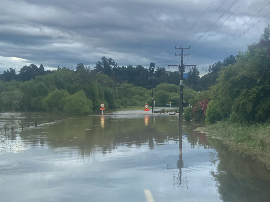 Surface flooding at Blair Road / Arnold Valley Road this morning on the West Coast. Photo: Grey...