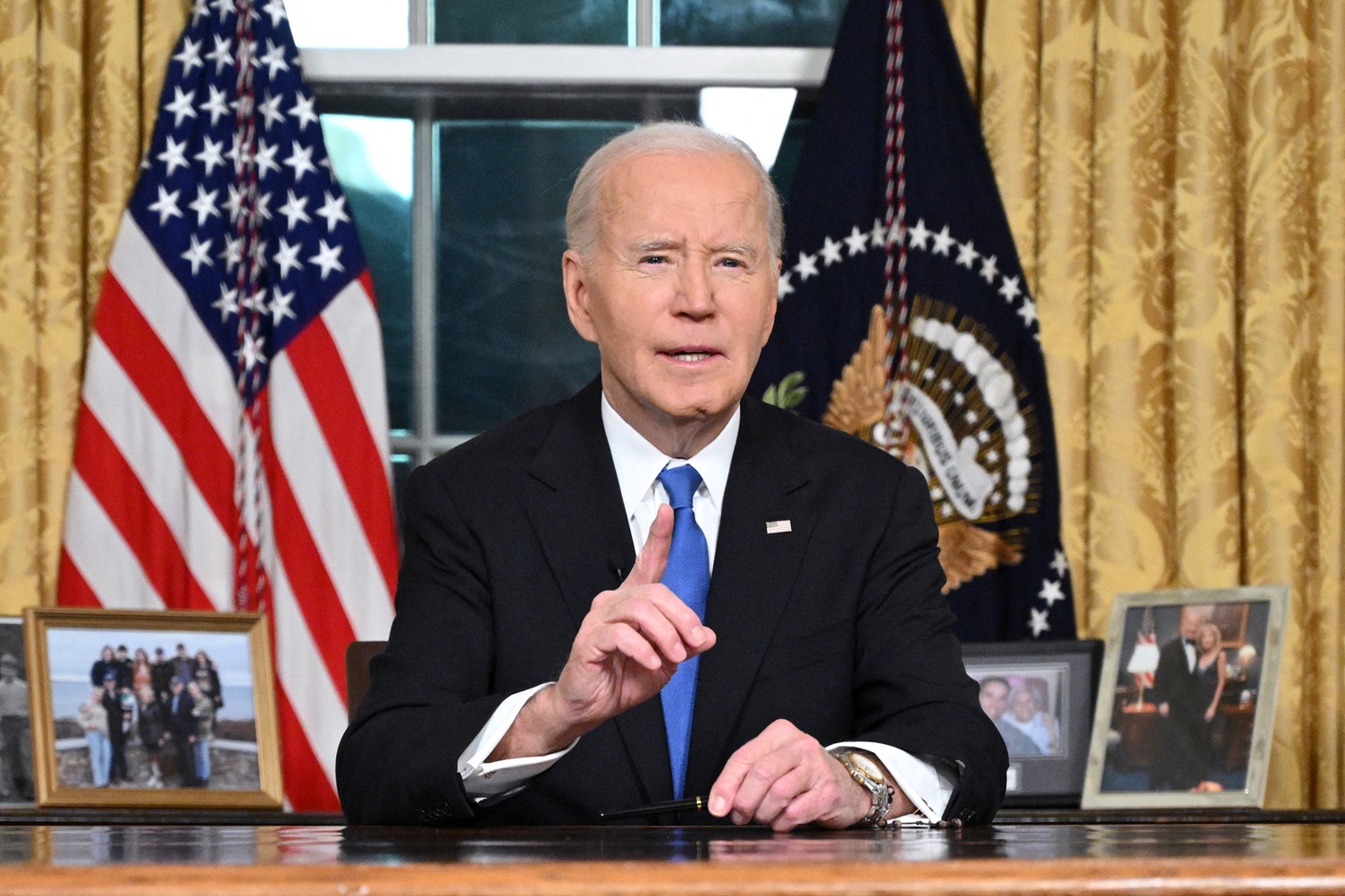 US President Joe Biden delivers his farewell address to the nation from the Oval Office of the...