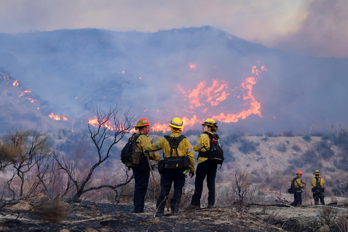 Firefighters work at the scene of the Hughes fire in Castaic Lake, California. Photo: Reuters