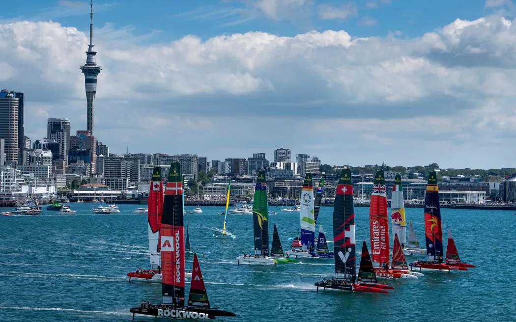 Spain lead the SailGP on Auckland's Waitematā Harbour. Photo: Bob Martin for SailGP