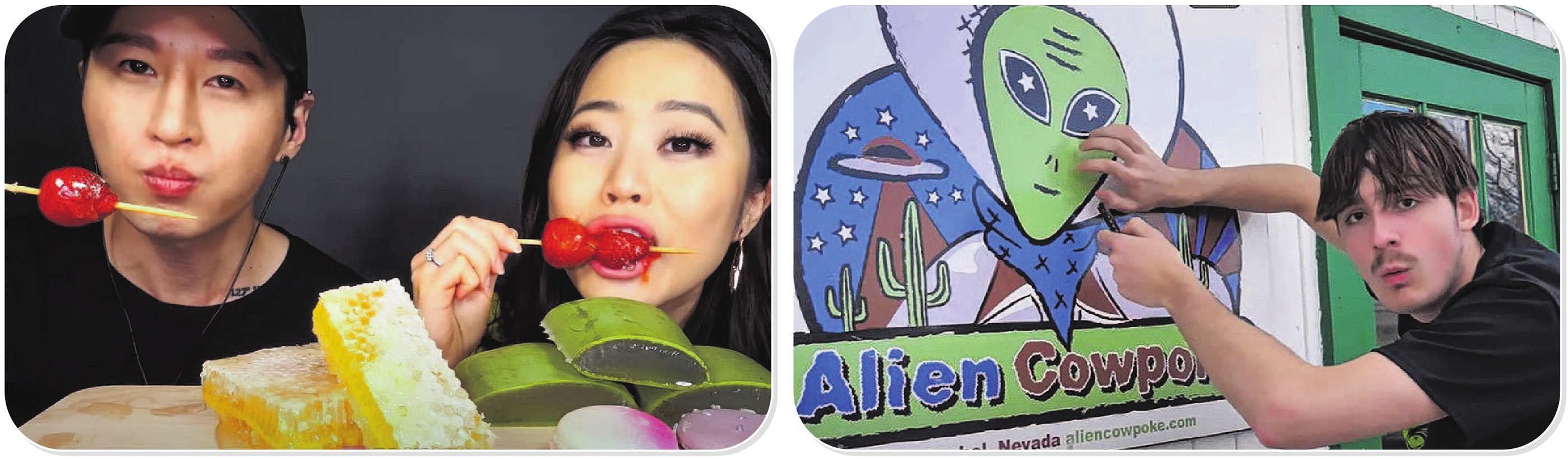 Zach Choi and Stephanie Soo (left) crunch and slurp their way through an eating ASMR video that...