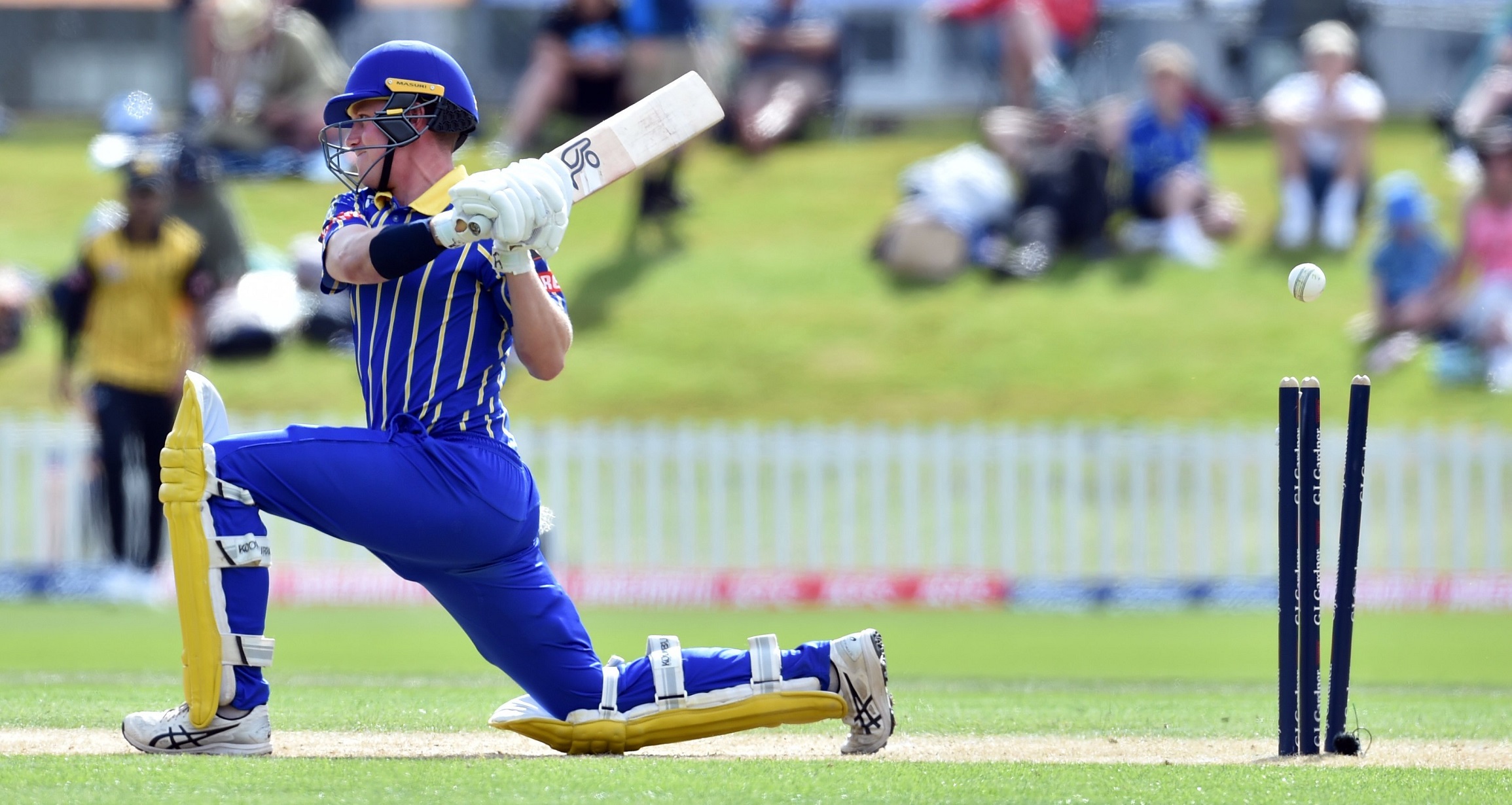 Otago Volts captain Luke Georgeson is bowled by Michael Bracewell in the Super Smash game at the...