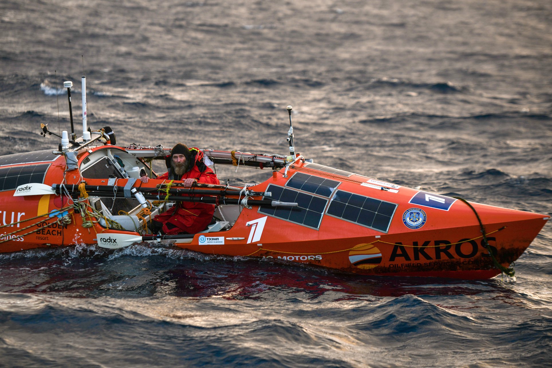 Russian adventurer Fedor Konyukhov aboard his rowing boat Akros. Photo: supplied