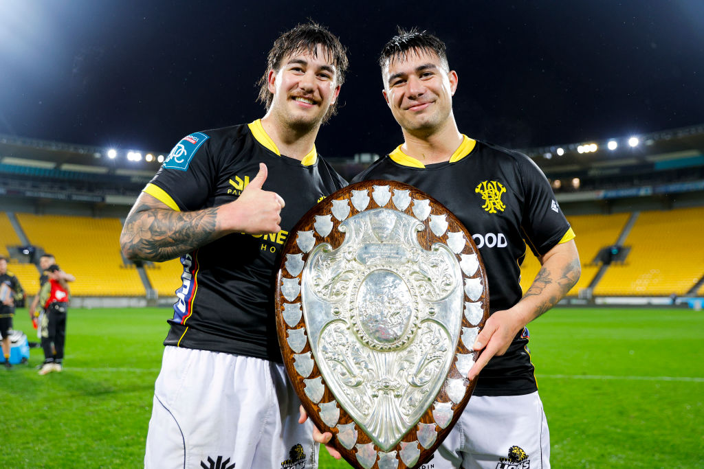 Connor (left) and Jackson Garden-Bachop after defending the Ranfurly Shield together for...