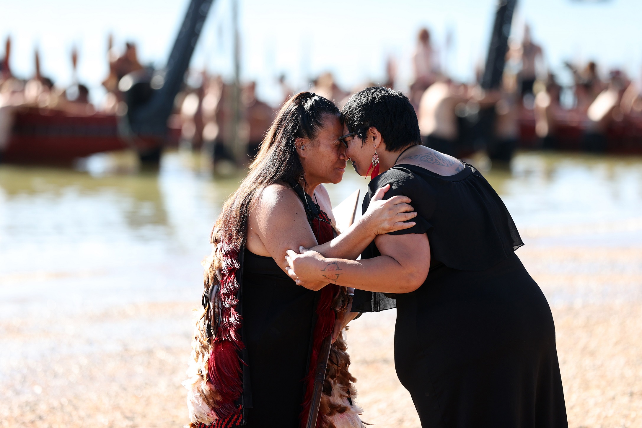 Kuia wait for waka on the beach at Waitangi last year during the annual celebrations. Photo:...