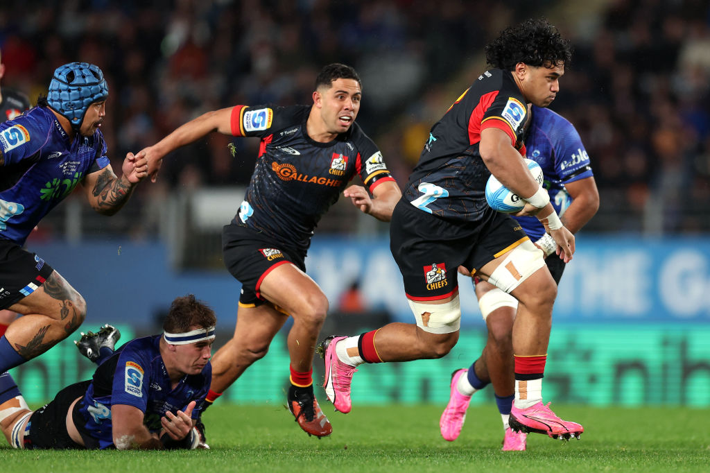 Wallace Sititi on the charge for the Chiefs during last year's Super Rugby Pacific final against...