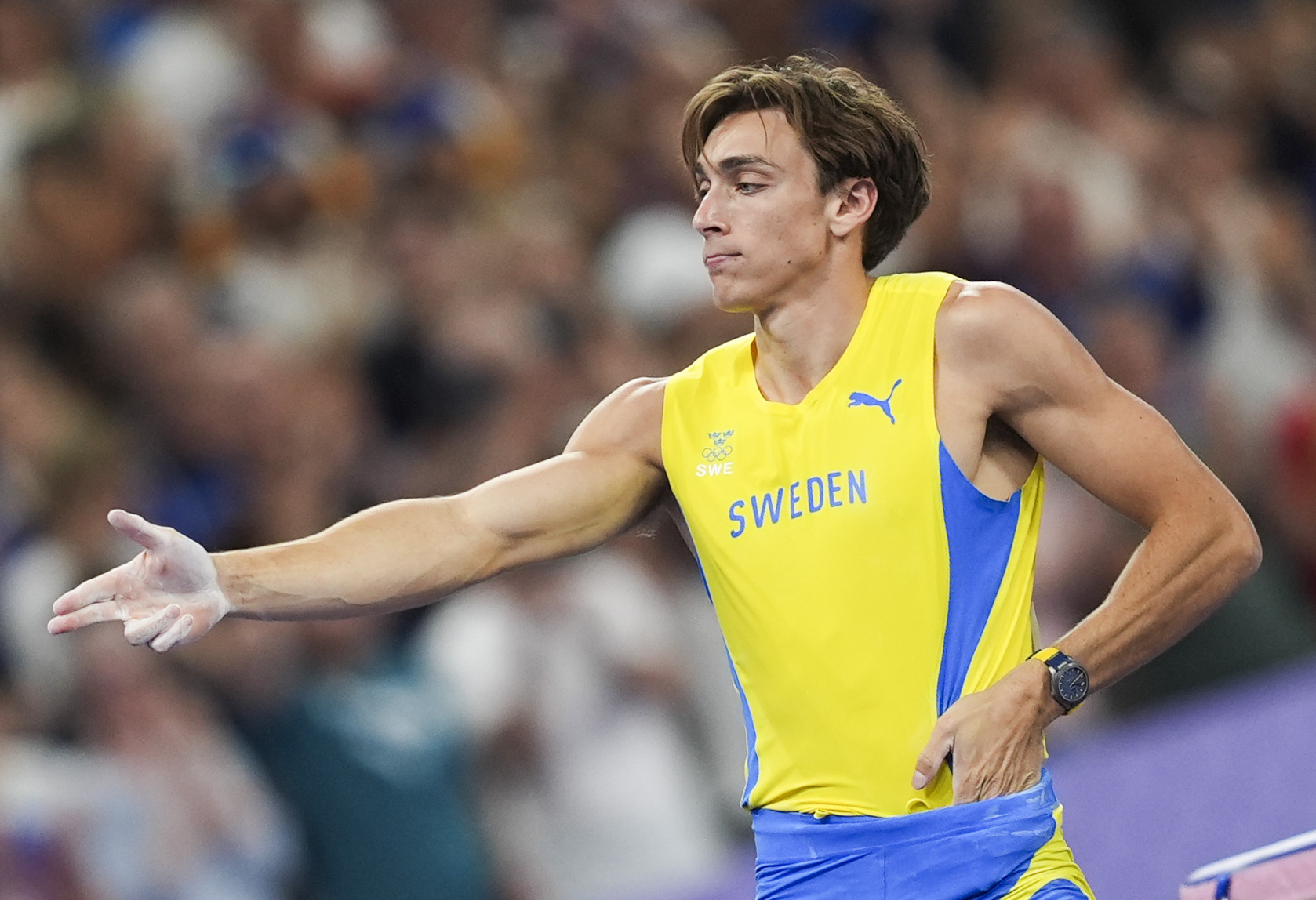 Swedish pole vault gold medallist Armand Duplantis pays homage to the one-handed style of Turkish...