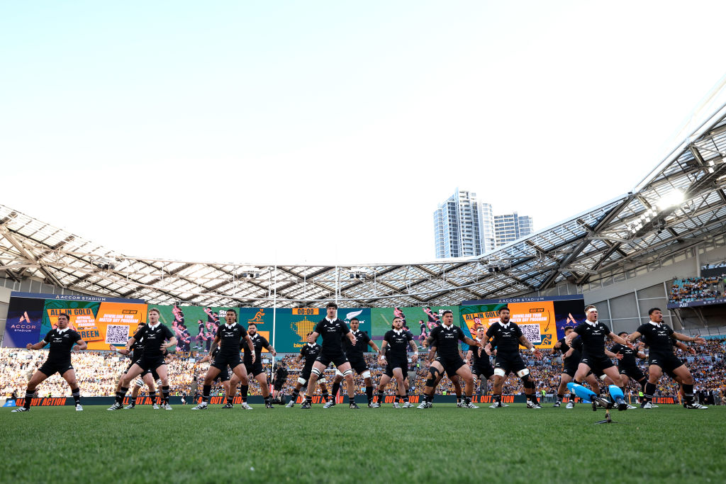 The All Blacks perform their haka at Accor Stadium in Sydney last year, the reported venue for...