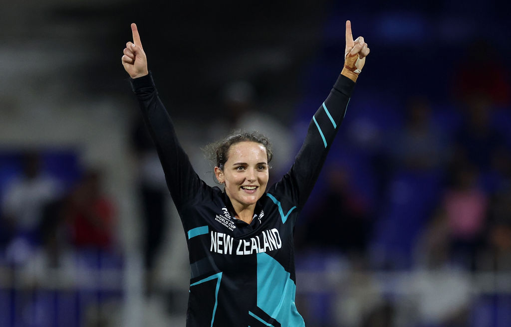 White Ferns all-rounder Amelia Kerr celebrates during the team's semifinal win against the West...