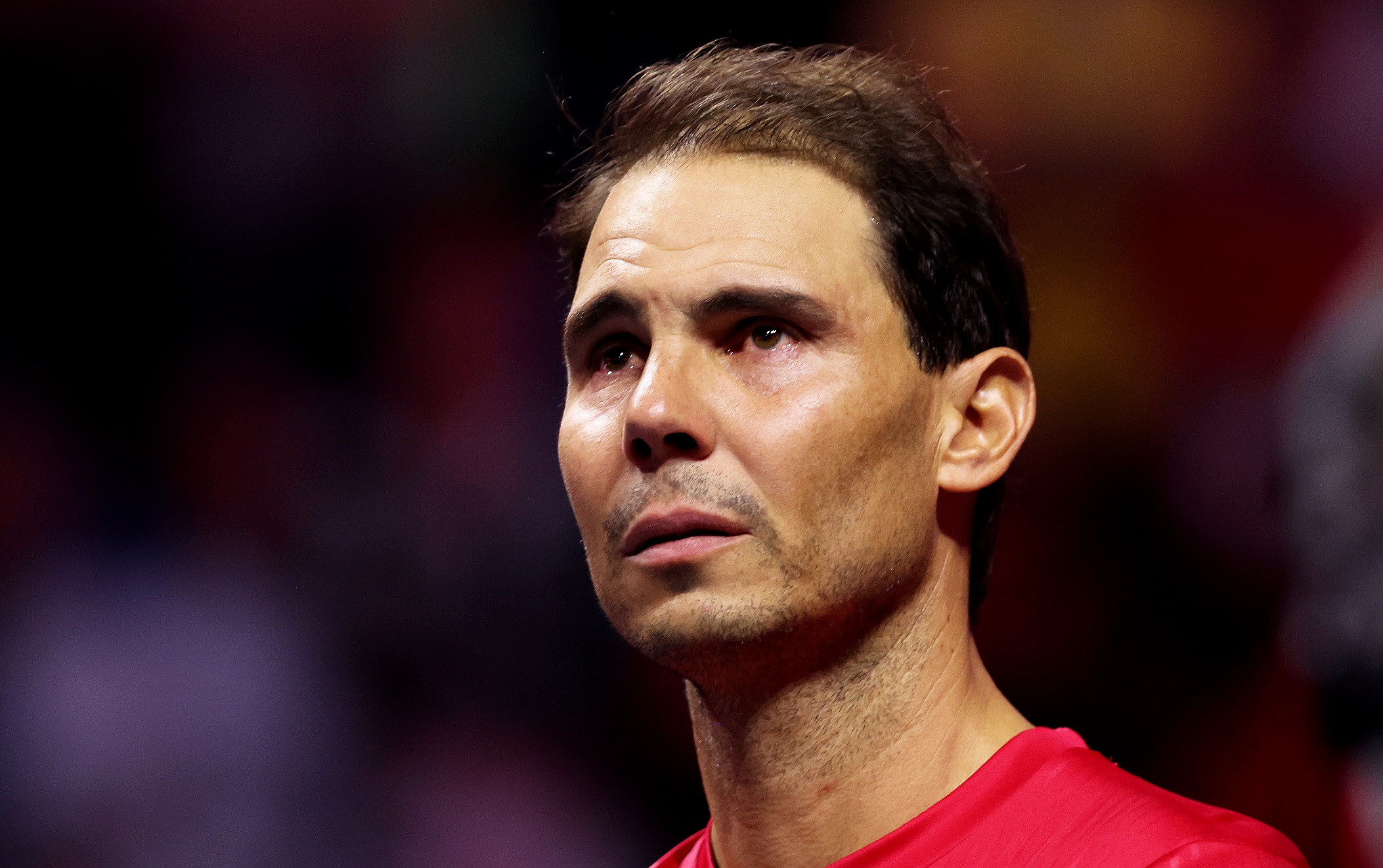 Spanish tennis great Rafael Nadal is emotional during his farewell at the Davis Cup finals in...