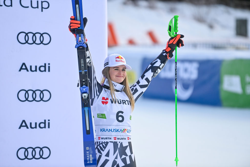 Alice Robinson celebrates her third place during the medal ceremony in Kranjska Gora, Slovenia....