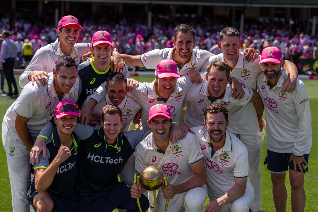 Australia celebrate winning the Border-Gavaskar Trophy at the Sydney Cricket Ground yesterday....