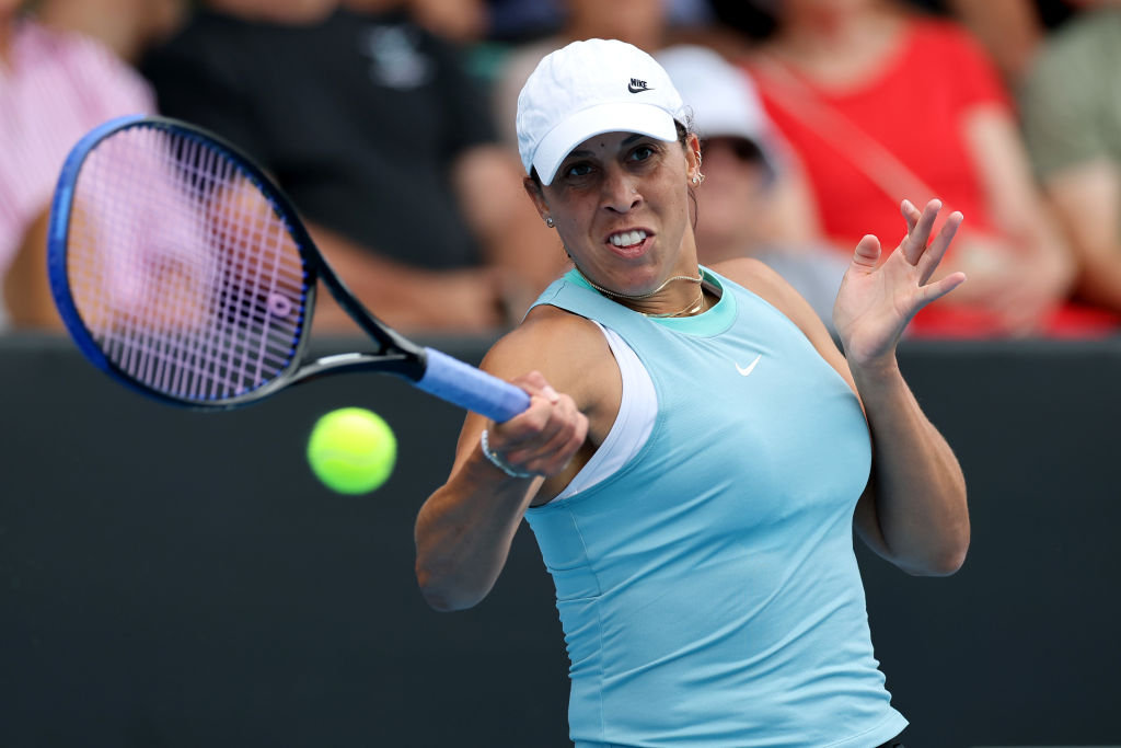 Madison Keys plays a forehand to Jaqueline Cristian on day four of the Auckland tournament. Photo...